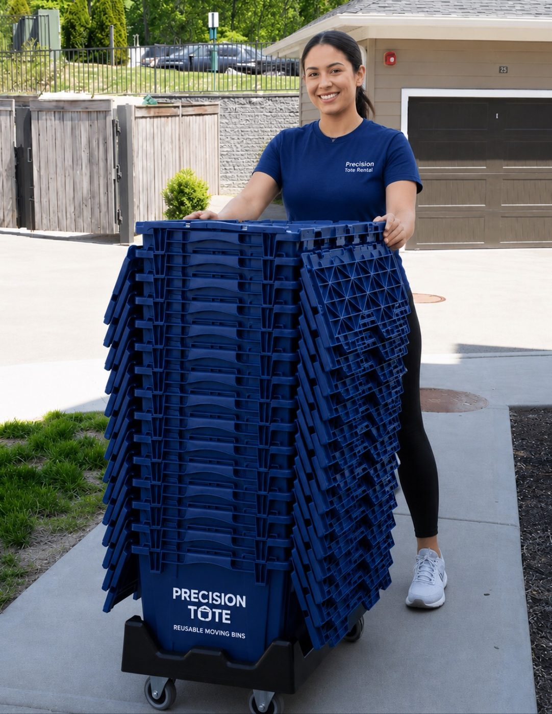 Precision Tote Rental delivery with blue moving totes stacked on a rolling dolly