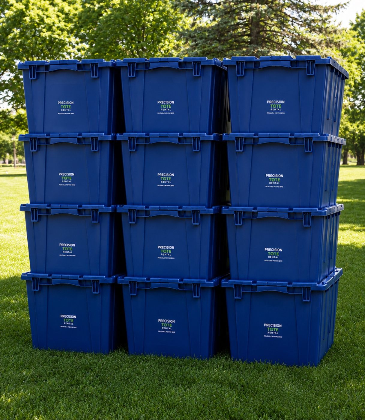 Stacked blue Precision Tote reusable moving bins on grass